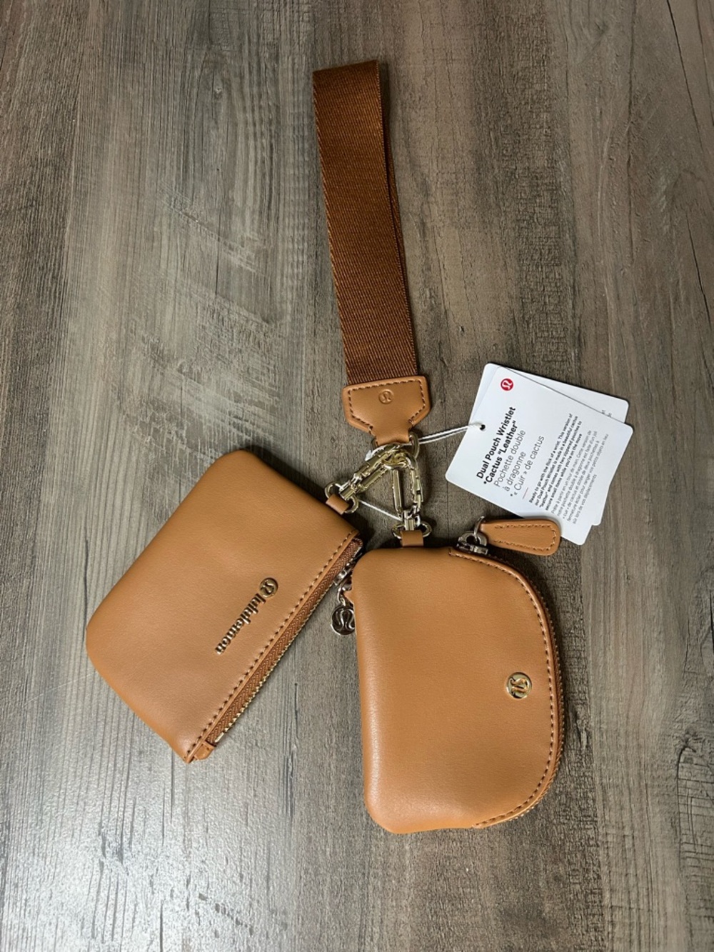✨ RARE NWT Lululemon Dual Pouch Wristlet *Cactus leather - tan w/ gold*